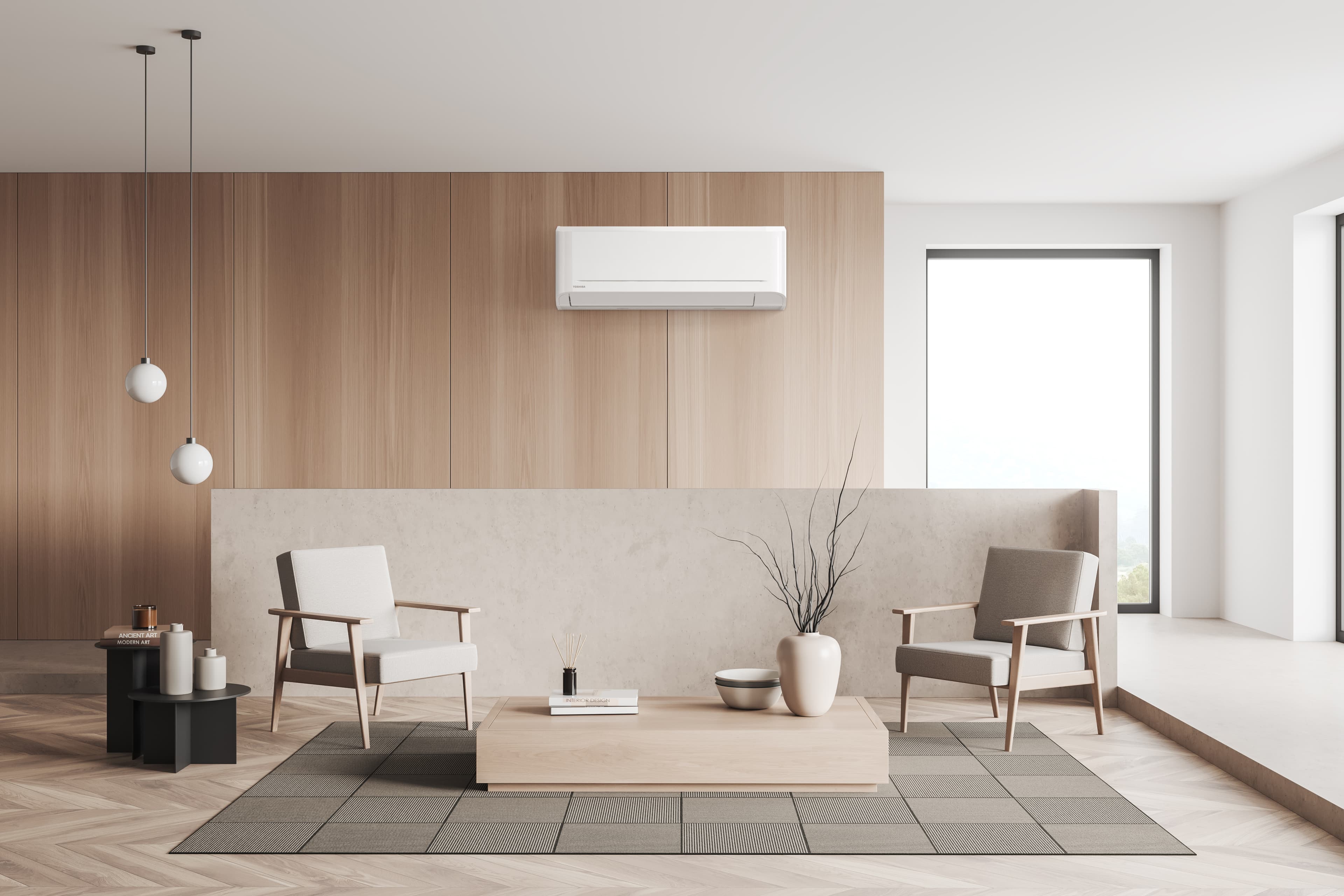 Toshiba SEIYA wall unit in a bright living room