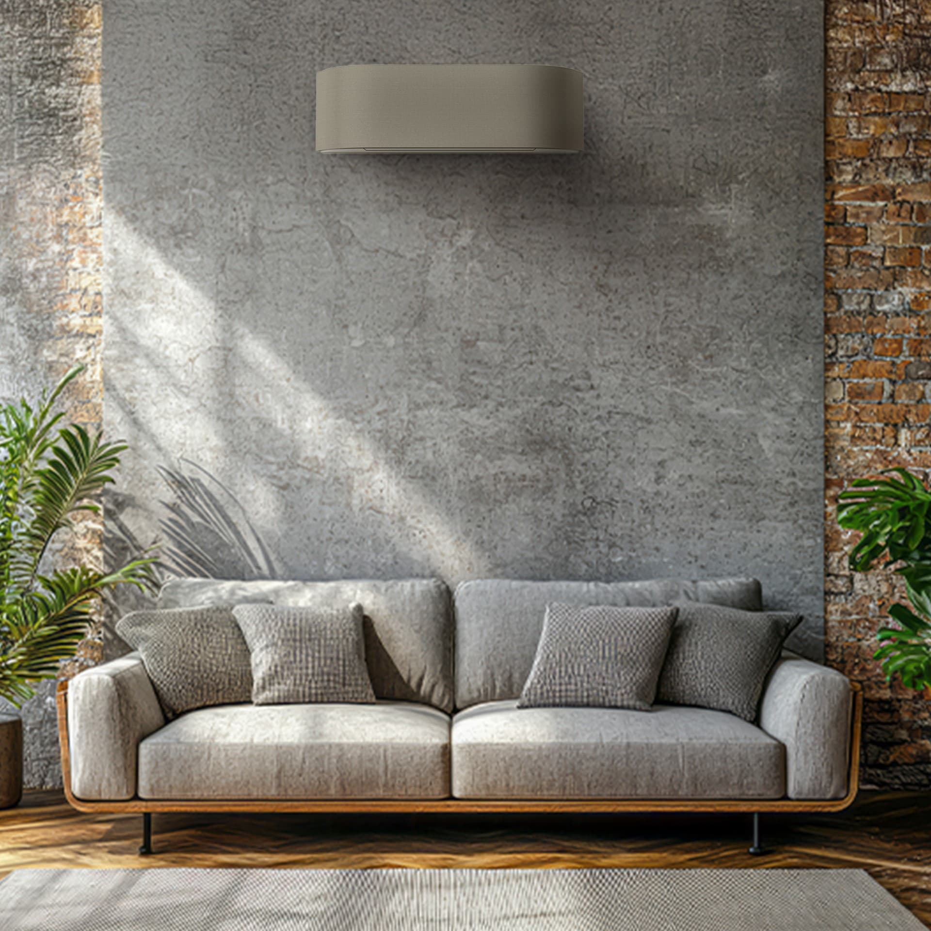 Toshiba HAORI wall-mounted air conditioning unit with grey fabric panel installed in a modern industrial-style living room above a grey sofa.